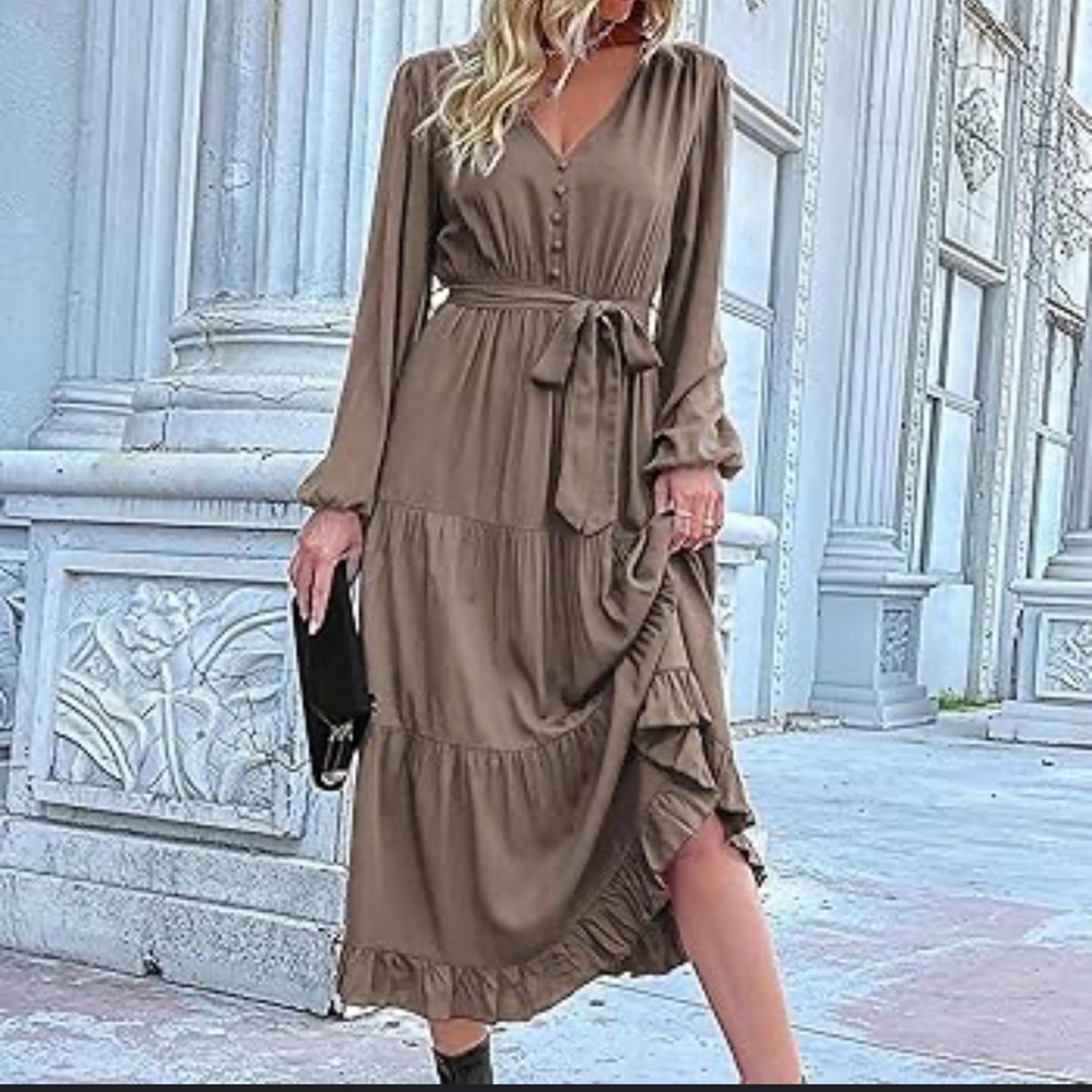 Max Studio Brown Tiered Ruffled Sundress with Bishop Sleeves - Picture 10 of 11